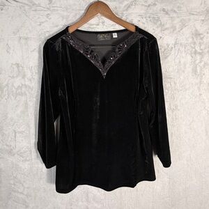Bob Mackie Wearable Art Black Velvet Sequin Top Size M long sleeve soft